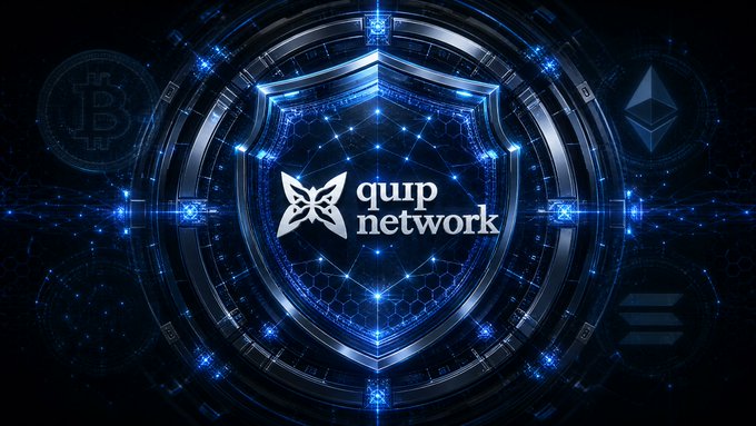 A futuristic digital graphic displaying a glowing blue shield with 'qurp network' in the center, surrounded by cryptocurrency symbols including Bitcoin and Ethereum.