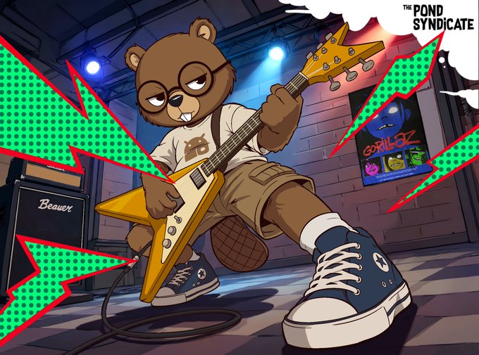The image features a cartoon bear playing a guitar, with the caption "The Pond Syndicales" written above him. The background of the image shows a green and red patterned wall, and there are two speakers visible behind the bear.