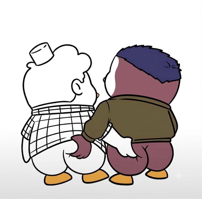 A cartoon illustration showing two stylized characters from behind, one wearing a white sailor hat and checkered shirt, the other with purple hair and a brown jacket, standing side-by-side with their hands behind their backs.
