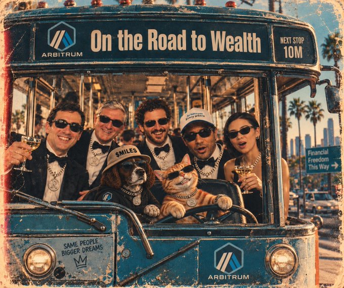 An AI-generated vintage-style image depicting well-dressed people in a bus labeled 'On the Road to Wealth' with Arbitrum branding, 'NEXT STOP 10M', and 'Financial Freedom This Way' signage.