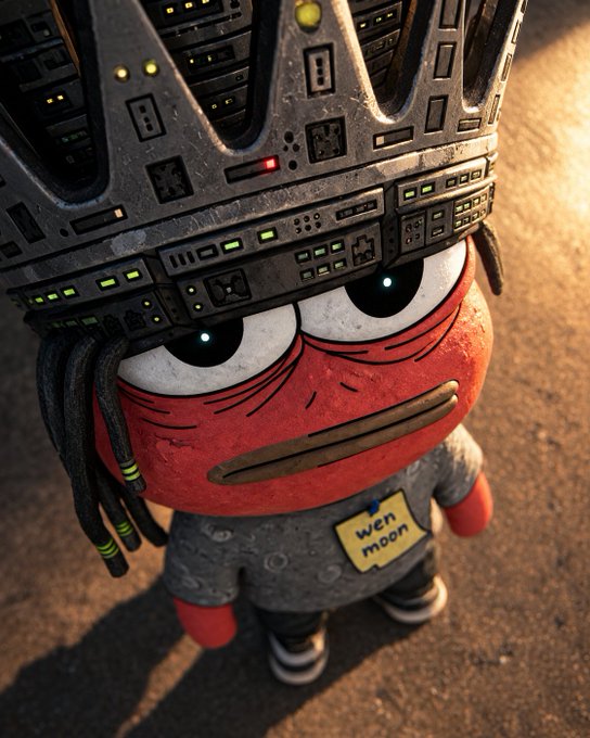 A 3D-rendered character featuring a giant red face with large eyes, dreadlocks, and a massive sci-fi helmet or crown made of electronic circuitry and vents, wearing a yellow nametag that reads 'wen moon' over a gray hoodie.