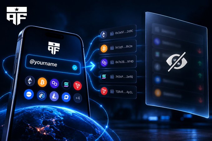 A digital promotional graphic showing a smartphone displaying a username field with cryptocurrency icons connecting to a list of wallet addresses and a hidden eye symbol.