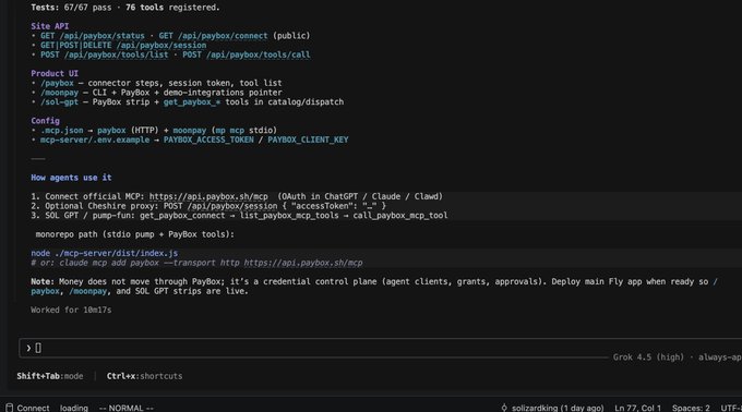 A terminal screen displaying documentation for PayBox MCP, listing site API endpoints, product UI details, configuration steps, and instructions for agents to connect via Claude, ChatGPT, or Cloud.