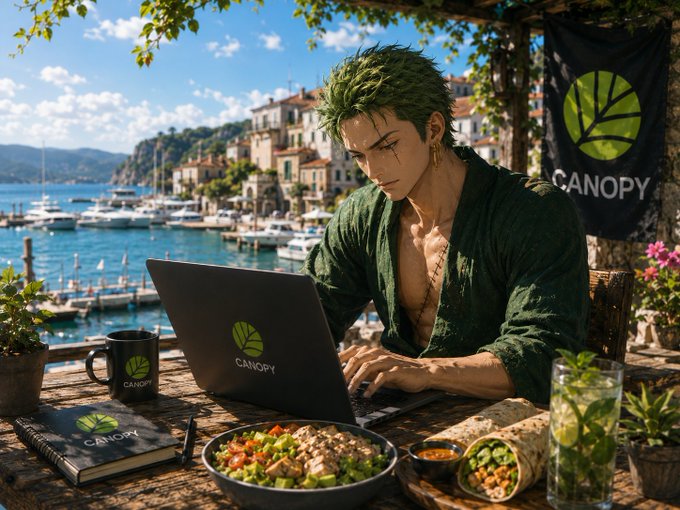 An anime-style illustration of a green-haired man working on a 'CANOPY' branded laptop at an outdoor café overlooking a Mediterranean harbor with boats, surrounded by food and drinks.