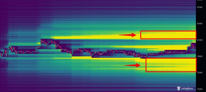 A candlestick chart with a heatmap/liquidation visualization from Coinglass, featuring red boxes and arrows pointing to resistance levels near 81000 and 79000.