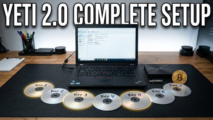 A YouTube thumbnail titled 'YETI 2.0 COMPLETE SETUP' shows a ThinkPad laptop on a desk with seven highlighted CDs labeled 'Key 1' through 'Key 7' and a Bitcoin coin.