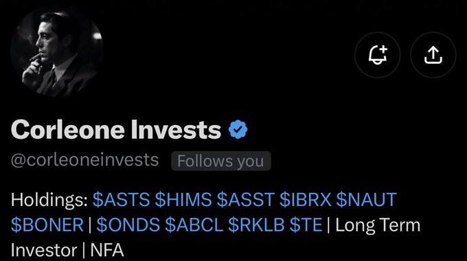 A Twitter/X profile for "Corleone Invests" (@corleoneinvests) displaying holdings including $ASTS, $HIMS, $ASST, $IBRX, $NAUT, $BONER, $ONDS, $ABCL, $RKLB, and $TE.