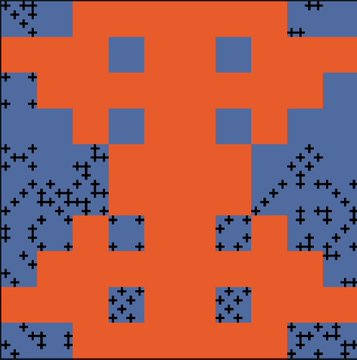 A pixelated orange shape resembling a figure or creature surrounded by blue areas marked with small black plus signs, appearing as a simple digital or grid-based graphic.