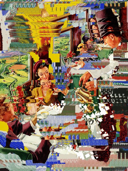A glitchy, pixelated vintage-style collage shows multiple overlapping scenes of 1950s-looking people at a restaurant or formal gathering, with bright yellow, blue, and red color distortions.