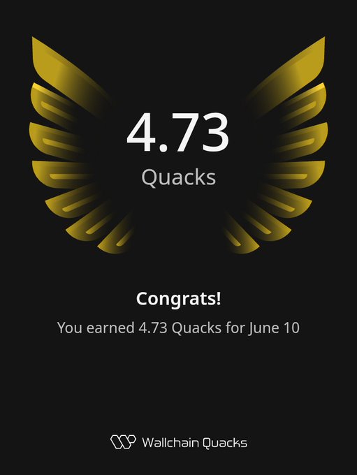 The image shows a poster with an illustration of a bird's wing design featuring gold and black colors. The text on the poster congratulates the user for earning 4.73 Quacks within one day, indicating that they have achieved their goal or completed a task related to the Quack challenge.