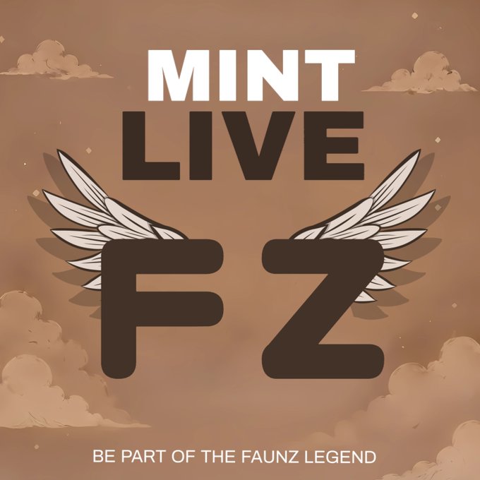 A promotional graphic with the text 'MINT LIVE FZ' and 'BE PART OF THE FAUNZ LEGEND' on a brown background with angel wings.