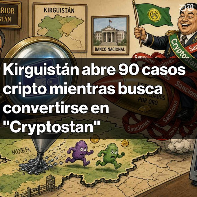 An illustrated news graphic with the Spanish headline "Kirguistán abre 90 casos cripto mientras busca convertirse en 'Cryptostan'," featuring a cartoon figure holding the Kyrgyzstan flag, a magnifying glass, and running characters on a map.