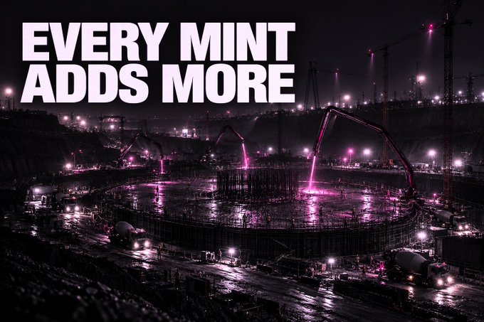A dark construction site illuminated by bright pink/purple lights with cranes in the background, overlaid with the large white text 'EVERY MINT ADDS MORE'.