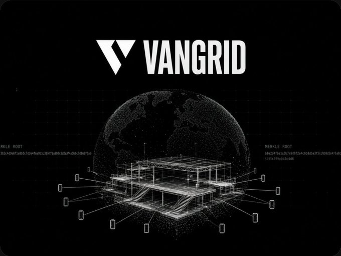A digital graphic for VanGrid featuring a wireframe architectural structure with Merkle Root data labels against a dark background with a globe.