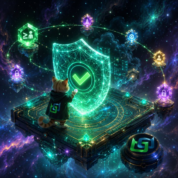 A cosmic-themed digital illustration showing a small orange cat in a hoodie interacting with a glowing green security shield, surrounded by floating crypto-themed icons on pedestals against a starry nebula background.