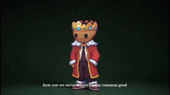 The post says "gm @hollows_nft." The image shows a small crowned figure in a red coat against a dark background, reflecting the "gm" greeting and likely featuring a character from the Hollows NFT collection.
