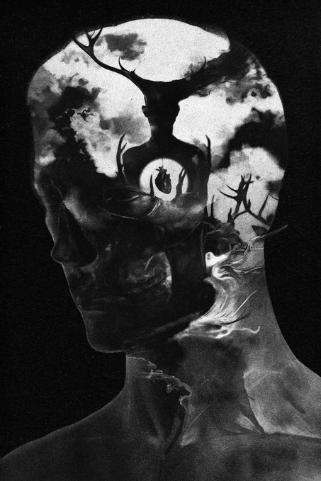 A dark surreal artwork features the silhouette of a head containing a cloudy sky, bare trees, and a glowing anatomical heart.