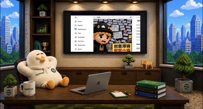 A 3D-rendered scene of a duck mascot wearing a 'DAPPOS' hoodie sitting at a desk with a laptop, displaying a social media post featuring a cartoon character with Chinese text meaning 'Creative slide, my deskmate is crying'.