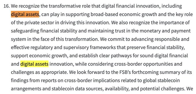 A snippet from the G20 Finance Ministers and Central Bank Governors communiqué recognizing digital assets' transformative role in supporting broad-based economic growth and financial stability. The highlighted phrases "digital assets" appear twice, emphasizing the G20's acknowledgment of their potential to drive innovation while noting forthcoming FSB reports on stablecoins and cross-border challenges.