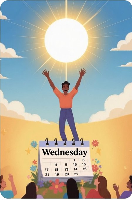 A vibrant illustration of a person with raised arms celebrating atop a calendar labeled "Wednesday", set against a sunny sky and surrounded by cheering silhouettes and colorful flowers.