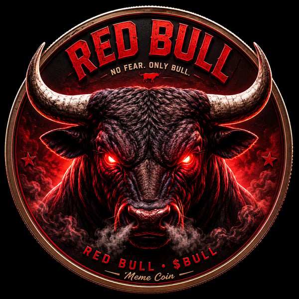 This image features a fierce bull with glowing red eyes and the text "RED BULL", "NO FEAR. ONLY BULL.", and "$BULL", perfectly representing the meme coin described in the post. The image visually embodies the "bold energy" and "bullish momentum" mentioned.