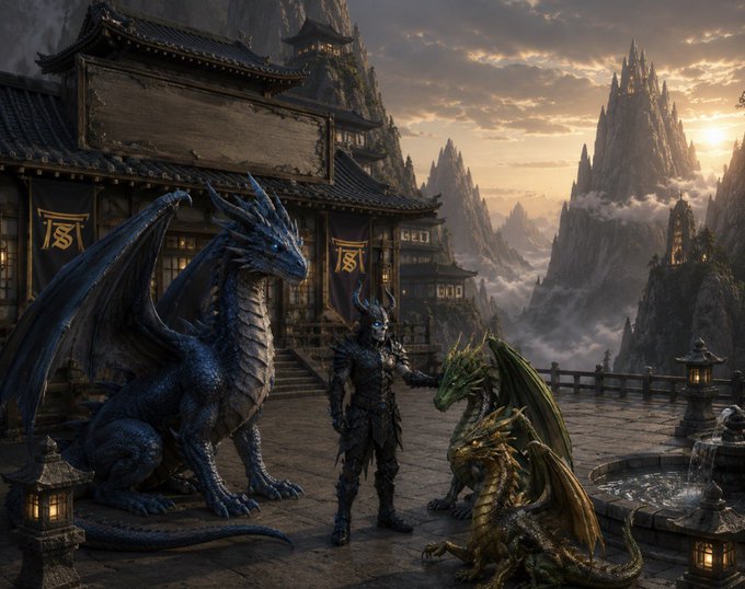 The image features a dragon with blue wings standing next to two other dragons, one of which has green wings. They are all situated near a temple-like structure that appears to be made of stone or wood. The background includes mountains under a cloudy sky, adding depth and context to the scene. The post "Grand rising, Solana" suggests that this image is related to a story or narrative involving the dragons and the temple in a fantasy setting.