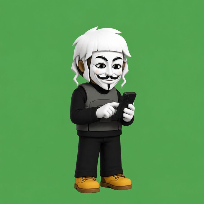 A 3D-rendered character wearing a Guy Fawkes (V for Vendetta) mask, white hair, black tactical vest, and yellow boots holds a smartphone, posing against a solid green background. The image relates to the post as a new profile picture (pfp) purchase, with the masked avatar likely symbolizing anonymity or crypto/online culture.