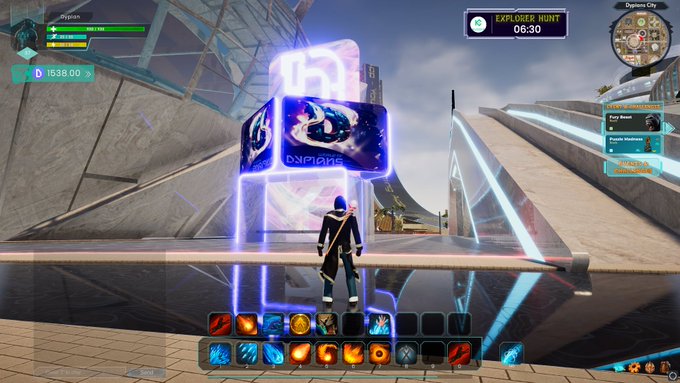 The image shows a futuristic sci-fi game scene featuring a hooded character standing before a glowing neon "DYPIONS" cube, with an "EXPLORER HUNT 06:30" timer and 1,538 in-game currency displayed on the HUD. The scene visually represents the post's claim about building the future of gaming, showcasing an immersive GameFi environment already powered by the $WOD token.