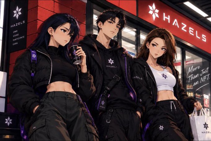 An anime-style illustration shows three stylish figures standing outside a store with signage reading 'HAZELS', 'OWN STAKE PARTICIPATE EARN', and 'More Than Just an NFT'.