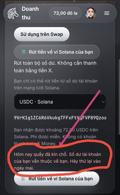 A screenshot of a withdrawal interface showing "72,00 đô la" with Vietnamese text indicating today's quota has been reached, circled in red.