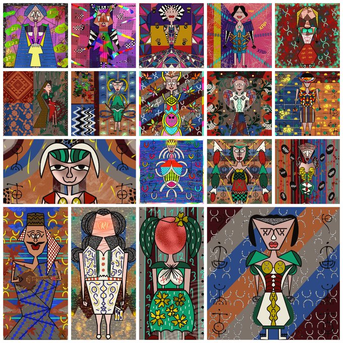 A grid of colorful, abstract cubist-style paintings featuring various stylized female figures and faces with geometric patterns.