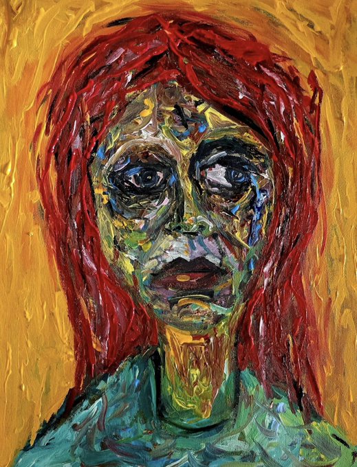 An expressive oil painting portrait of a person with red hair, featuring thick impasto brushstrokes in greens, yellows, and reds against a golden-yellow background.