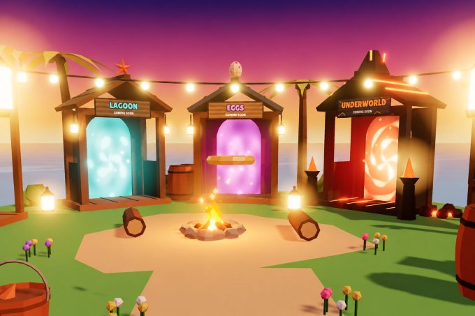 A vibrant low-poly video game scene featuring three portal-like huts labeled 'LAGOON', 'EGGS', and 'UNDERWORLD' around a central campfire, with string lights overhead.