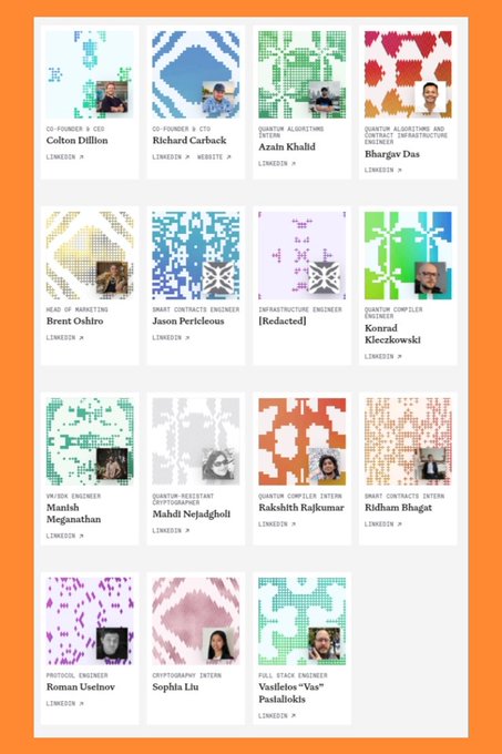 The image displays a grid of 15 team members from Quip Network, each represented by a colorful pixelated QR code-style avatar with their name, role, and a LinkedIn link. The post highlights Quip Network's strong team expertise spanning quantum computing, blockchain, and security, with the image showcasing the professionals behind the project.