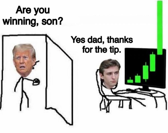 A meme with a door labeled 'Are you winning, son?' featuring Trump's face, and a boy at a computer showing green rising candlestick charts saying 'Yes dad, thanks for the tip.'