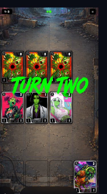 A screenshot of a mobile card game showing 'TURN TWO' in green graffiti-style text, with character cards for 'WOLF', 'GHOST', 'MOTH', and a 'PREDATOR' card at the bottom.