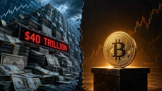 A split image showing a massive pile of US dollar bills with a sign reading '$40 TRILLION' on the left, and a golden Bitcoin coin on a pedestal with a downward price chart on the right.