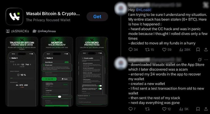 A screenshot showing the 'Wasabi Bitcoin & Crypto Wallet' App Store listing alongside a Twitter thread from @KLoaec recounting how their 6+ BTC was stolen after downloading a scam version of the wallet following the Coinbase hack.
