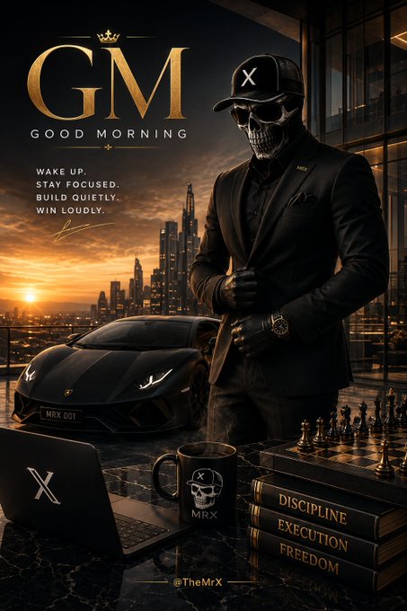 A masked figure in a black suit stands beside a Lamborghini with a city skyline at sunset, surrounded by motivational items including a laptop with "X" branding, a "MRX" mug, and books titled "DISCIPLINE, EXECUTION, FREEDOM." The image features "GM GOOD MORNING" text with the motto "WAKE UP, STAY FOCUSED, BUILD QUIETLY, WIN LOUDLY" and the handle "@TheMrX," reinforcing the disciplined, wealth-focused mindset promoted in the MEXC trading campaign message.