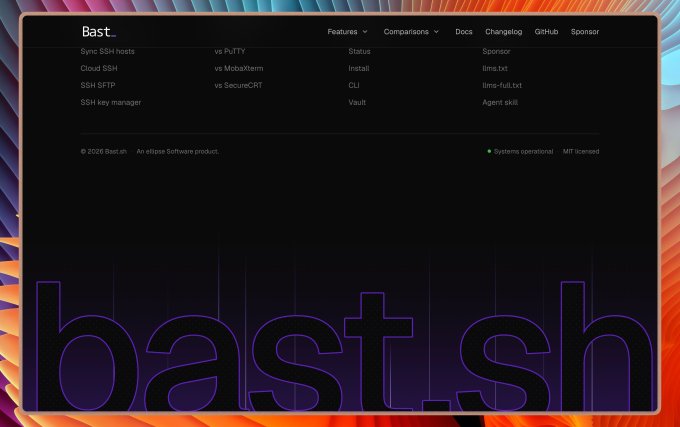 A dark-themed footer for the Bast.sh website, featuring large outlined "bast.sh" text at the bottom and navigation links including Features, Comparisons, Docs, Changelog, GitHub, and Sponsor.