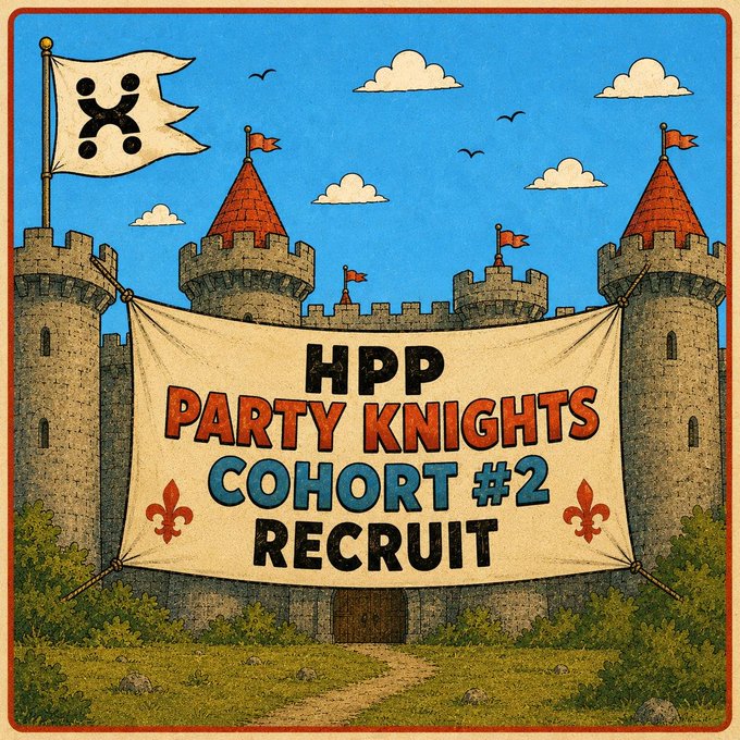 An illustrated castle with flags and a banner reading 'HPP Party Knights Cohort #2 Recruit' in a medieval/retro style.