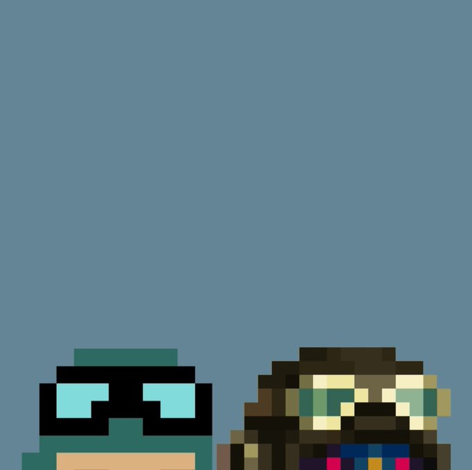 A pixel art scene against a light blue background, showing two characters at the bottom of the frame: a teal-colored figure with black sunglasses on the left, and a brown-haired character with green-tinted glasses and a colorful outfit on the right.