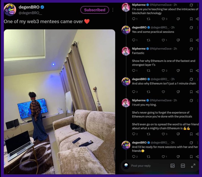 A X (formerly Twitter) screenshot showing a post by @degenBRO reading 'One of my web3 mentees came over ❤️' with a photo of a child in a living room, alongside a conversation with @NipherneDave about teaching blockchain technology and Ethereum.