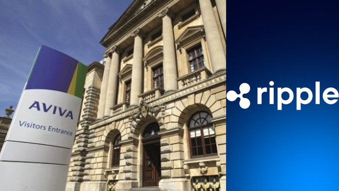 The image shows the Aviva Visitors Entrance at a stately classical building alongside the blue Ripple logo, visually representing the partnership between Aviva Investors and Ripple to launch a tokenized Liquidity Fund share class for the $2 trillion asset manager.
