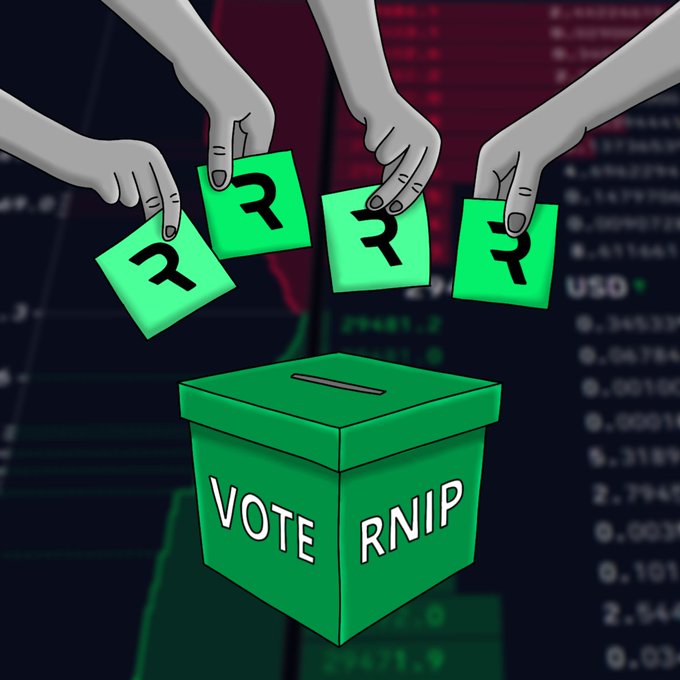 An illustration shows four gray hands holding green papers with rupee symbols (₹) dropping them into a green ballot box labeled 'VOTE RNIP' against a financial chart background.