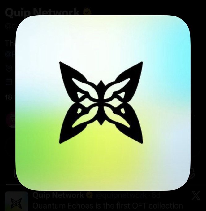 An app icon featuring a black butterfly-like logo on a gradient green and blue background, overlaid on a social media post by Quip Network.