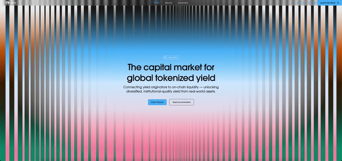 A website screenshot shows a landing page with the headline 'The capital market for global tokenized yield' and subtitle about 'Connecting yield originators to on-chain liquidity — unlocking diversified, institutional-quality yield from real-world assets.'