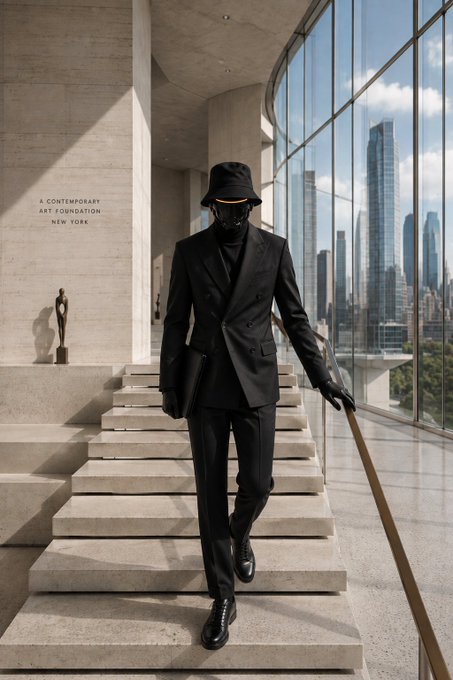 A fashionably dressed figure in a black double-breasted suit, bucket hat, mask, and gloves descends stone steps in a modern art foundation, holding a briefcase and cane, with a city skyline visible through the windows.