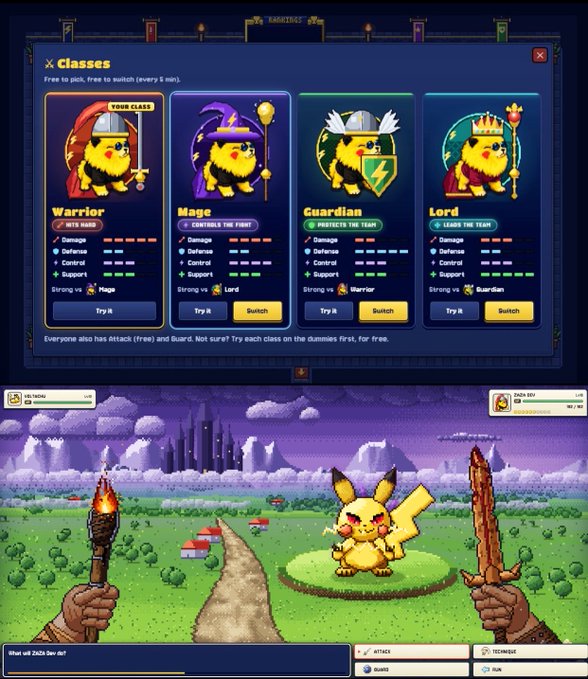 A pixel art game featuring a Pikachu-like character with class selection options including Warrior, Mage, Guardian, and Lord, set in a fantasy world with castles.