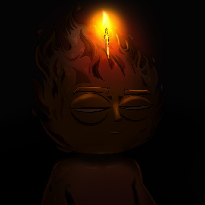 A digital illustration of a character with flame-like hair, closed eyes, and a small, gentle smile, with a lit candle flame burning brightly on top of their head against a dark background.